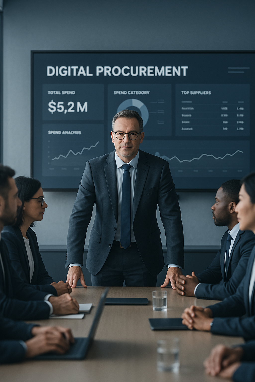 Executive presenting digital procurement strategy to team – Nextshift Leadership consulting on interim leadership transformation and procurement excellence.