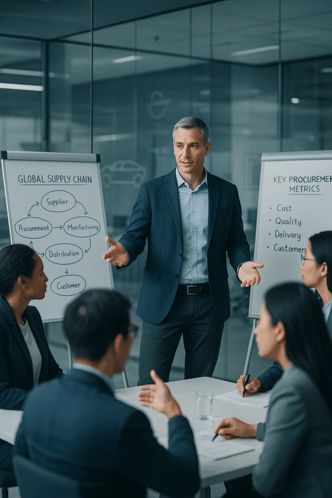 Executive leading team discussion on global supply chain and procurement strategy – Nextshift Leadership supporting interim leadership transformation in complex international environments.