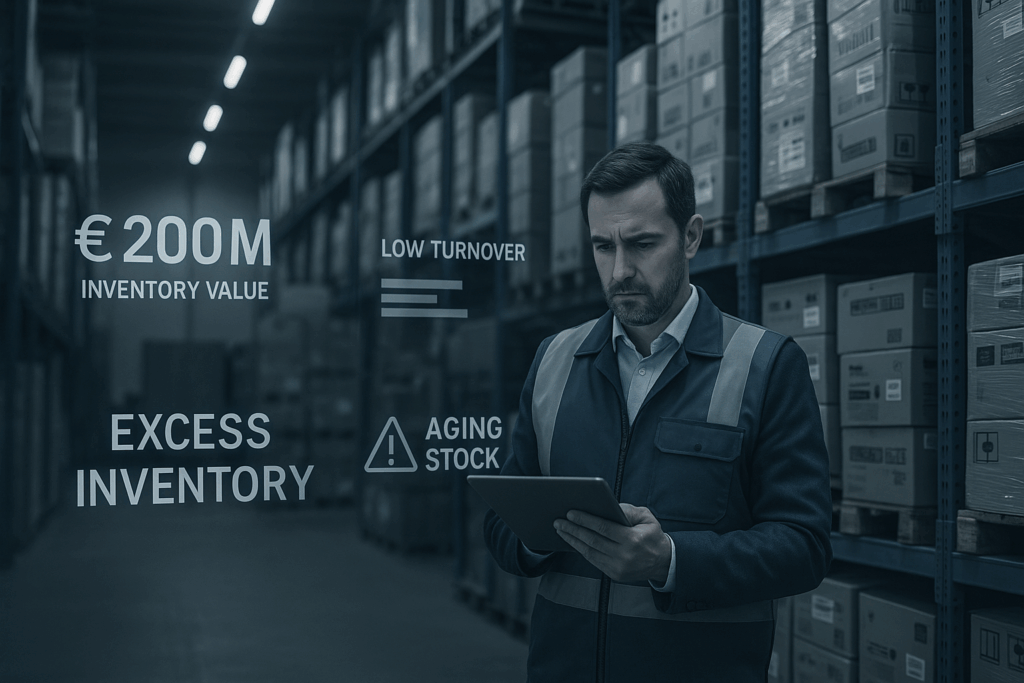 Manager analyzing €200M excess inventory with aging stock and low turnover risks – Nextshift Leadership inventory optimization case study