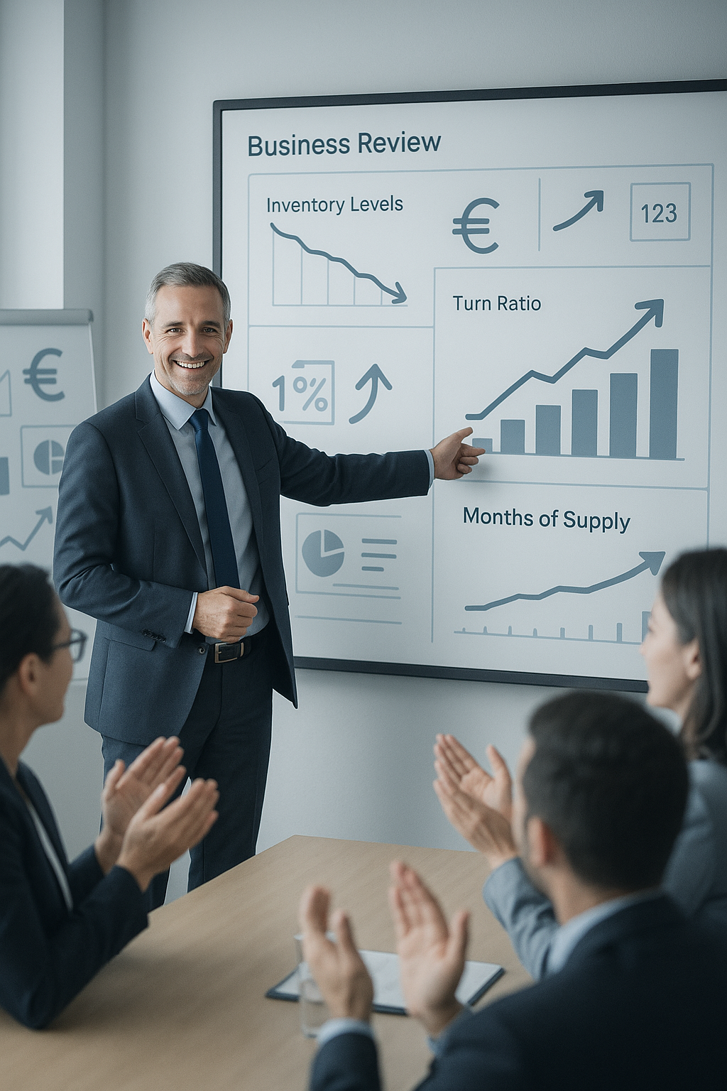 Executive presenting positive business review on inventory reduction, turn ratio improvement and supply transparency – Nextshift Leadership inventory optimization results