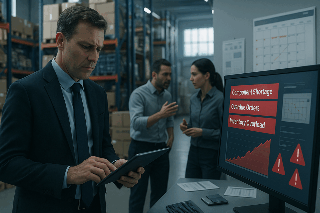 Executive reviewing shortage management dashboard showing component shortages, overdue orders and inventory overload – Nextshift Leadership consulting during semiconductor crisis