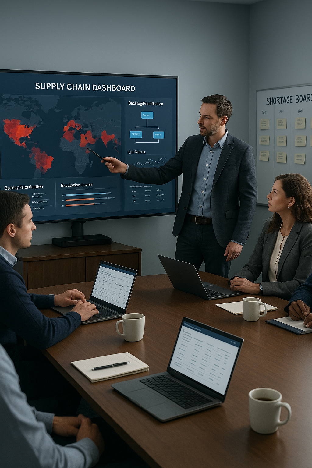 "Team reviewing supply chain dashboard with heat map during shortage management meeting – Nextshift Leadership consulting on backlog screening and escalation framework