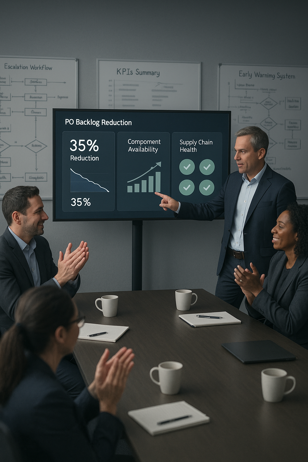 Executive team reviewing results of shortage management project – 35% purchase order backlog reduction and improved supply chain health KPIs