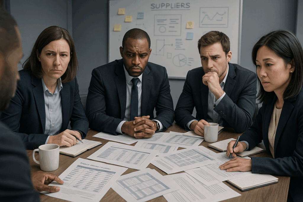 Executive team reviewing supplier management performance and strategic procurement metrics during interim leadership consulting