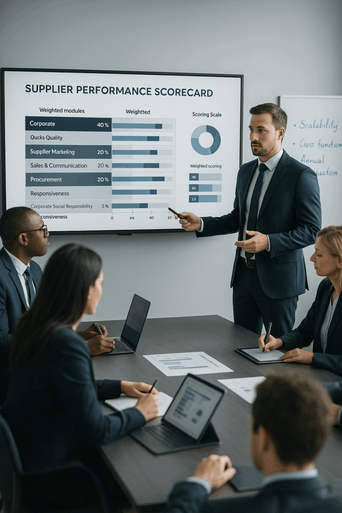 Executive presenting holistic supplier performance scorecard during meeting – Nextshift Leadership showcasing supplier management and procurement transformation