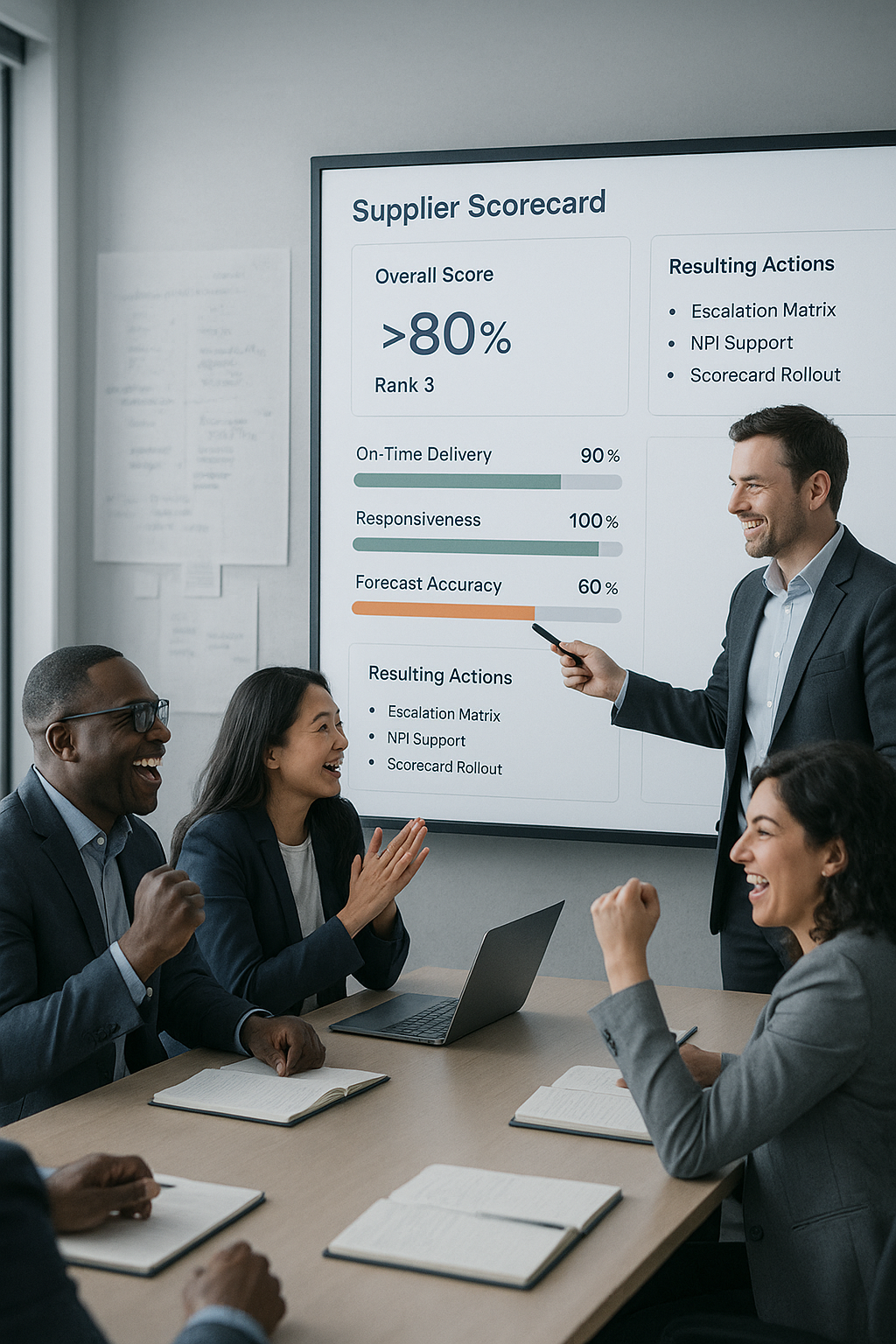 Team celebrating supplier performance improvements with scorecard results – Nextshift Leadership supplier management consulting