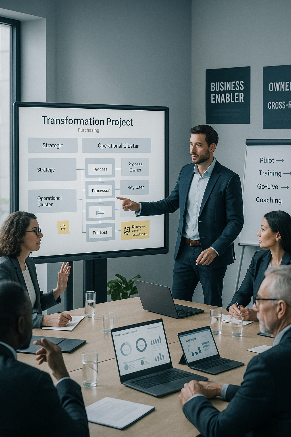 Executives discussing procurement transformation project with process digitization and organizational redesign – Nextshift Leadership consulting workshop
