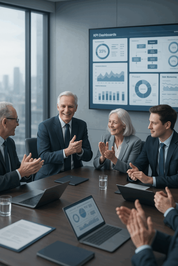 Leadership team celebrating procurement transformation results with KPI dashboards – Nextshift Leadership consulting success in efficiency, transparency and cultural shift