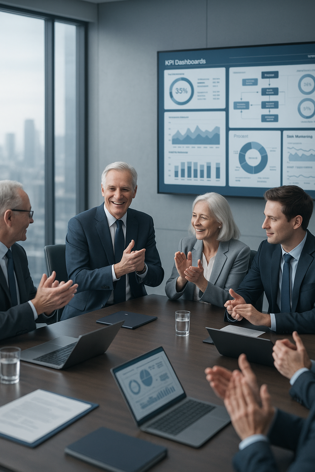 Leadership team celebrating procurement transformation results with KPI dashboards – Nextshift Leadership consulting success in efficiency, transparency and cultural shift