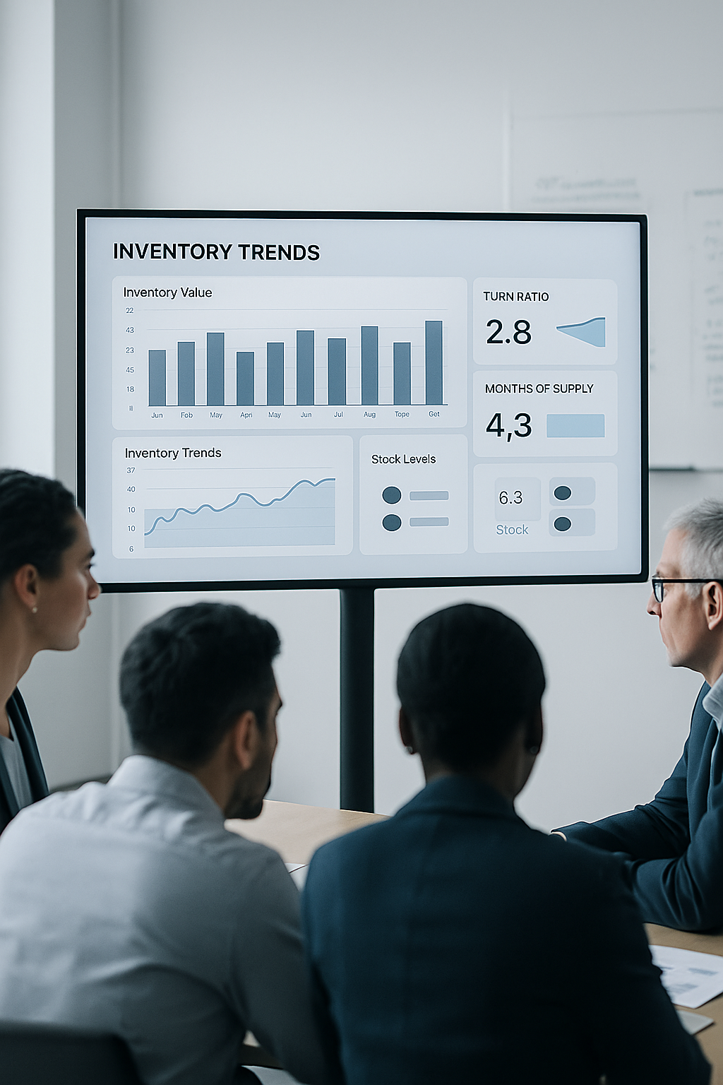 Team reviewing inventory trends dashboard with KPIs on stock levels, months of supply and turnover ratios – Nextshift Leadership inventory optimization actions